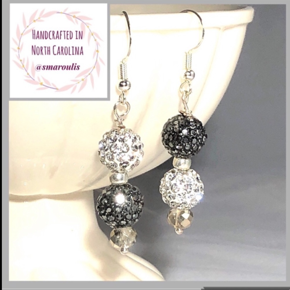 Sterling sterling earrings crystal black white & black DAZZLE balls stunning - Picture 4 of 8
